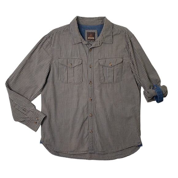 Prana Shirt Mens L Large Brown Blue Chapland Cotton Check Tab Sleeve Button Up - Picture 1 of 10